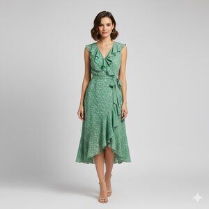 MAX STUDIO Green Floral Ruffle Wrap Midi Dress | Medium